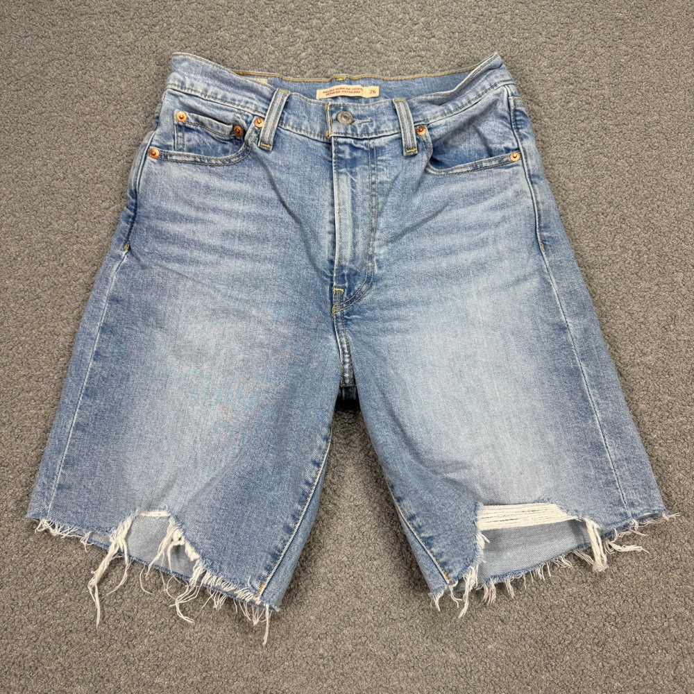 Levi's Premium Shorts Women's 26 Blue Ribcage Bermuda Big E High Rise Cut Off